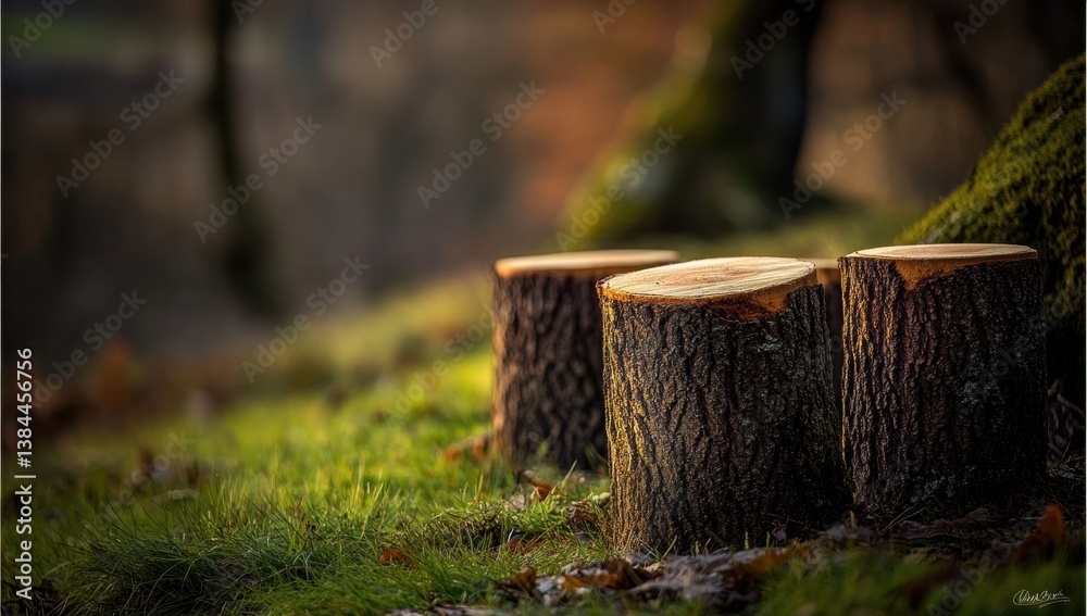 Three tree stumps in a forest clearing. Sunlight highlights the wood grain Three tree stumps in a forest clearing. Sunlight highlights the wood grain
