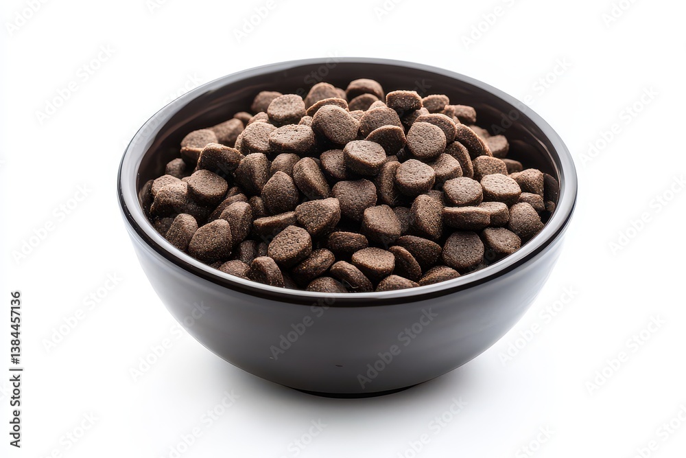 Fototapeta premium A close-up view of a dark brown bowl filled with pet food, set against a plain white background