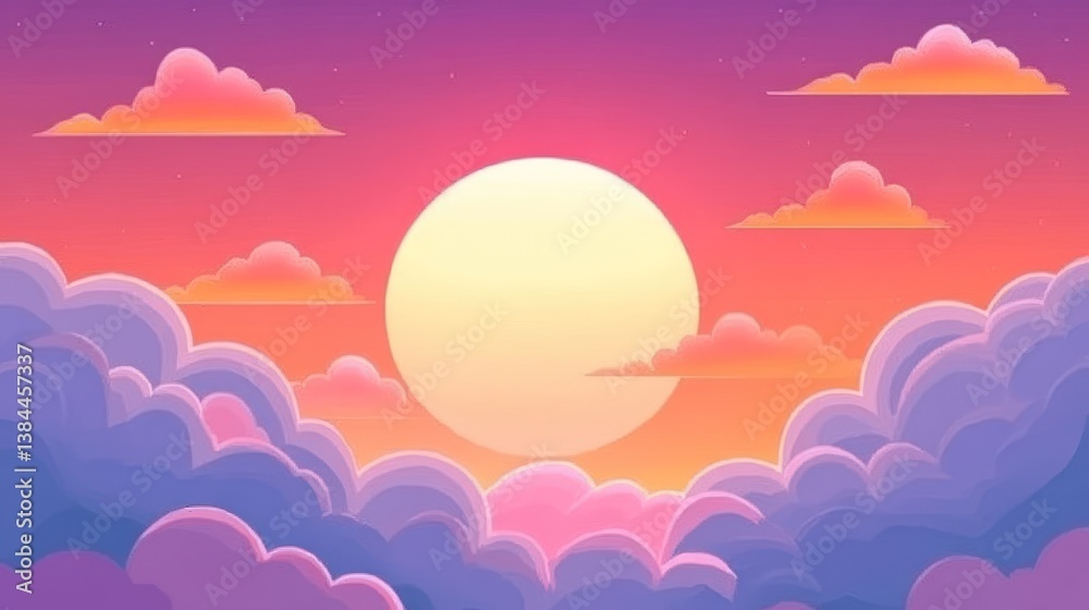 Dreamy Sunset with Pastel Clouds and Large Central Sun Illustration Dreamy Sunset with Pastel Clouds and Large Central Sun Illustration