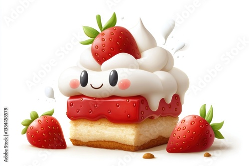 A cute cartoon strawberry shortcake with whipped cream and smiling face.