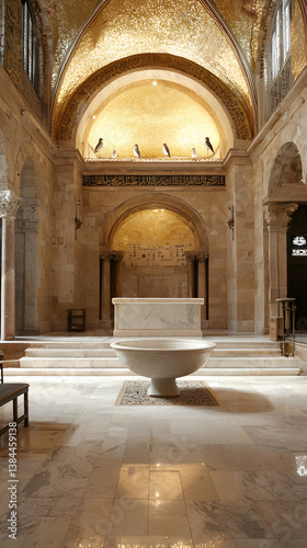 Marble Baptismal Font in a Grand Church Interior