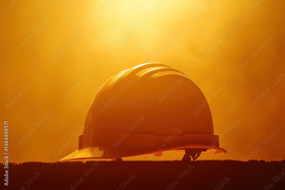 Obraz premium A solitary construction helmet silhouetted against a vibrant sunset, symbolizing safety and hard work