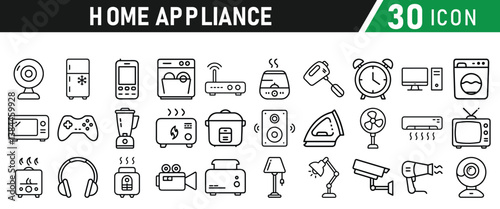 Home Appliances collections icons set. Contains Home appliances, refrigerator, washing machine,  television, air conditioner and household. Vector illustration collection