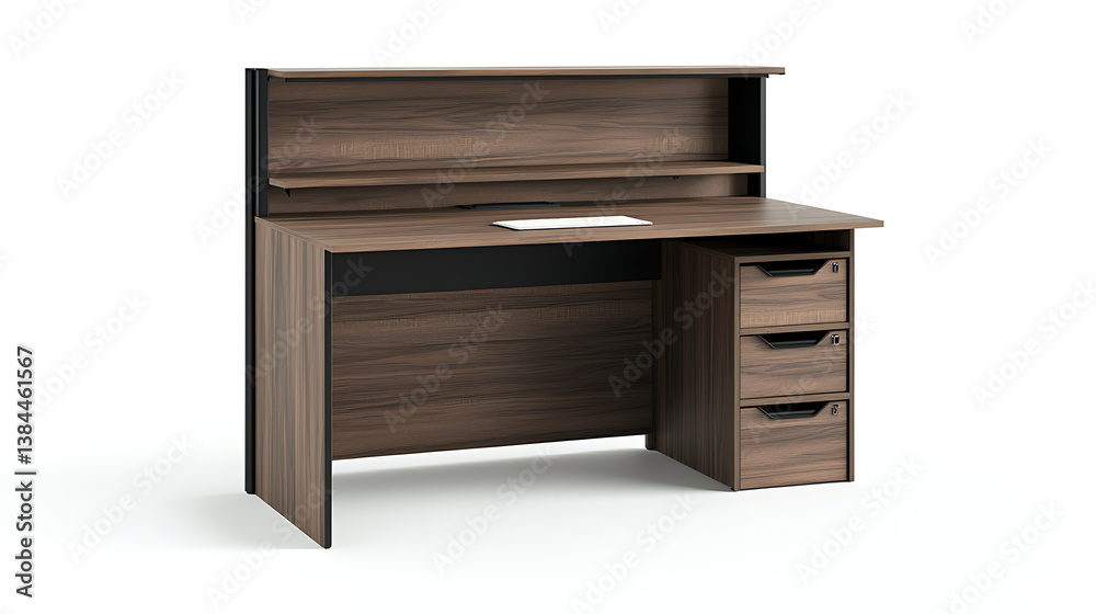 A wooden desk with a black shelf and three drawers A wooden desk with a black shelf and three drawers