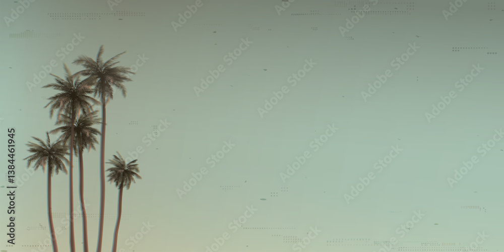 Old photography defect printing of coconut palm trees with blue sky background with risograph printing effect graphic illustration.