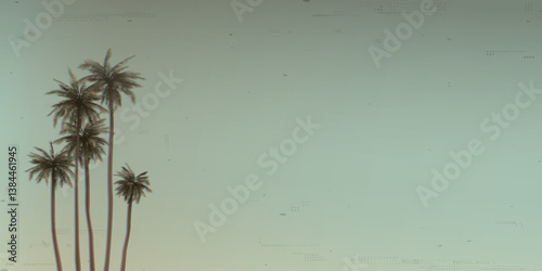 Old photography defect printing of coconut palm trees with blue sky background with risograph printing effect graphic illustration.