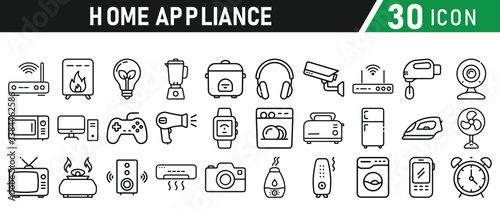 Home Appliances collections icons set. Contains Home appliances, refrigerator, washing machine,  television, air conditioner and household. Vector illustration collection