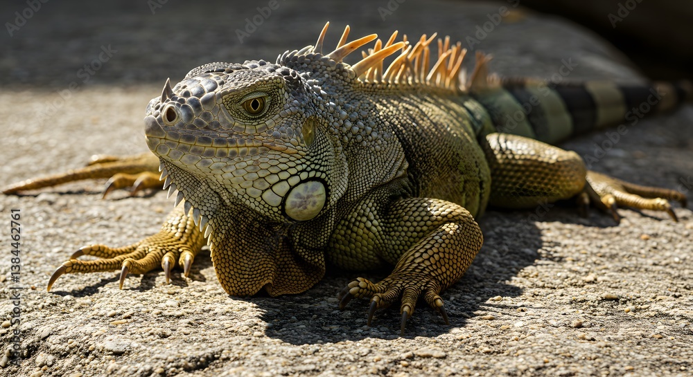 Iguana portrait basking in sunlight. The spiky reptile blends with the rock, showcasing textured skin and vibrant scales. Nature's beauty. Iguana portrait basking in sunlight. The spiky reptile blends with the rock, showcasing textured skin and vibrant scales. Nature's beauty.