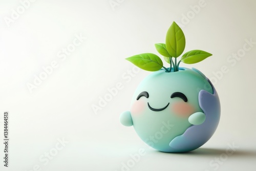 A happy Earth-like character with a sprout growing from its top, symbolizing environmental care and joy.