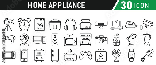 Home Appliances collections icons set. Contains Home appliances, refrigerator, washing machine,  television, air conditioner and household. Vector illustration collection