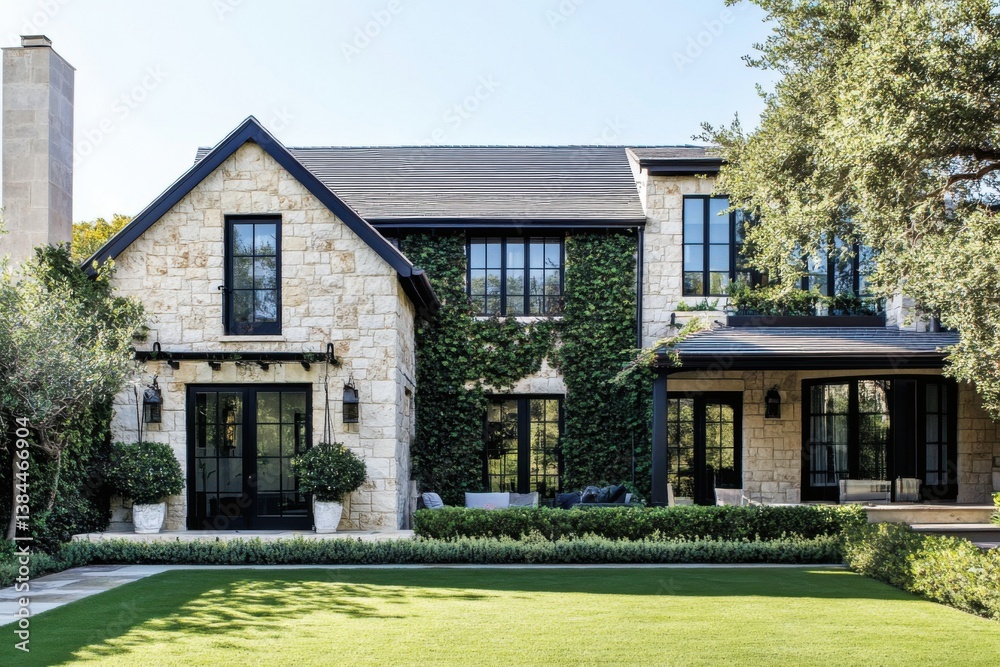 Obraz premium An elegant stone house gracefully nestled amidst vibrant, lush greenery, bathed in the warm, golden light of the afternoon sun