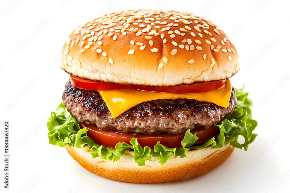Delicious Cheeseburger with Melted Cheddar and Fresh Vegetables on White Background. Delicious Cheeseburger with Melted Cheddar and Fresh Vegetables on White Background.