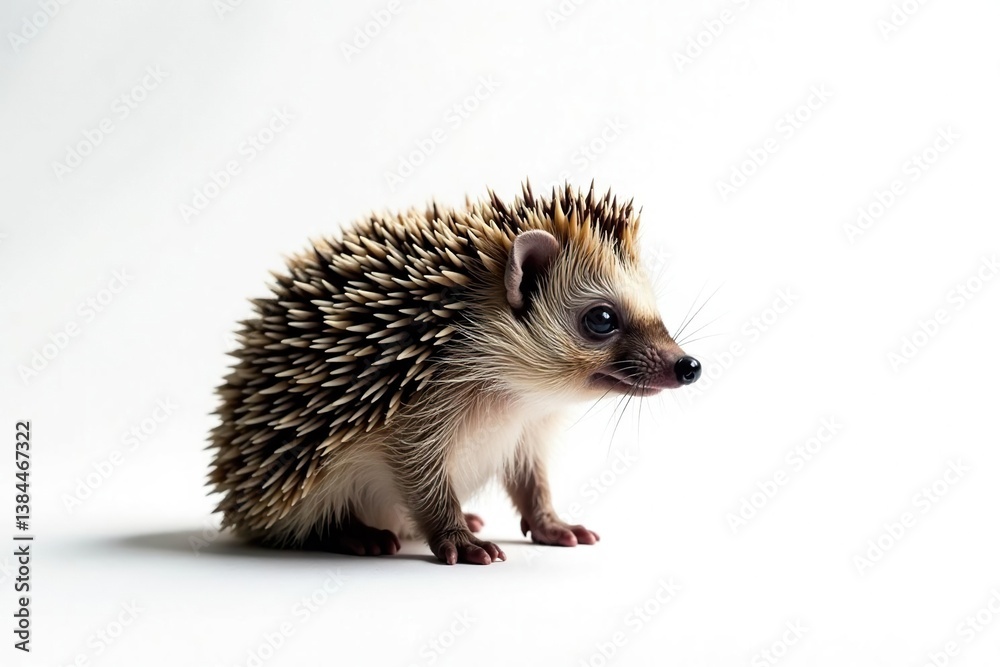 Obraz premium A lone hedgehog, facing right, on a stark white backdrop, white backdrop, pattern