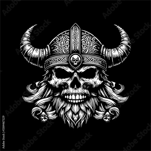 vector of Skull wear Viking Helmet in black white