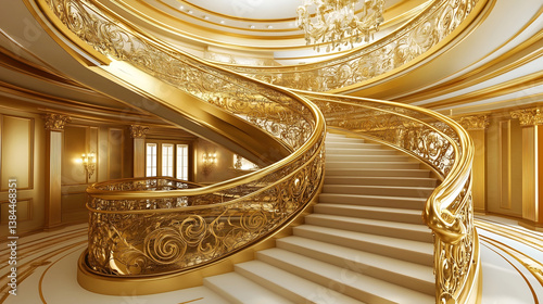 a luxurious, ornate staircase with golden accents, designed with exquisite detail. It features a spiral design and grand staircase