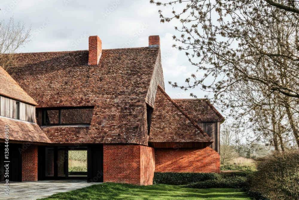 Fototapeta premium Unique modern architecture featuring a contemporary house with a striking red brick facade and natural surroundings in daylight