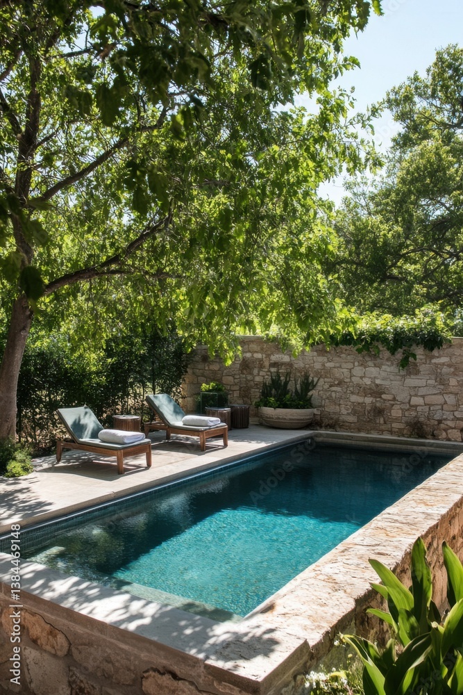 Obraz premium Tranquil poolside retreat with comfortable loungers surrounded by lush greenery in a private garden setting during a sunny day