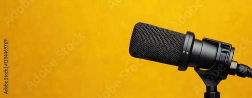 Professional studio microphone isolated on yellow background for podcast radio audio music recording