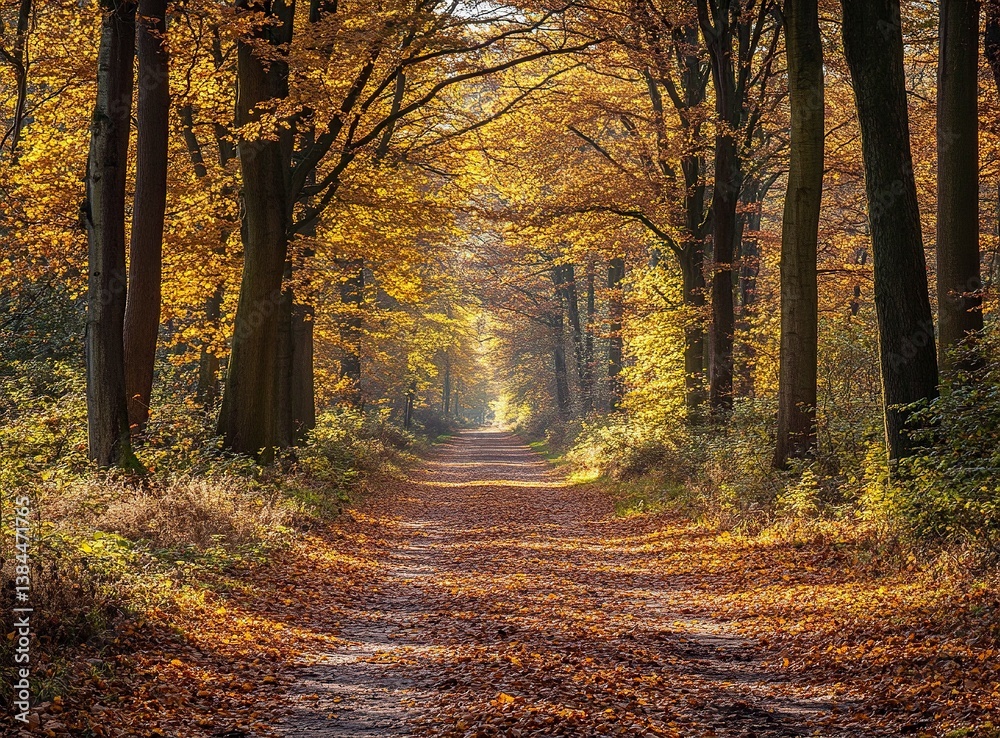 Obraz premium A beautiful forest path in the Dutch nature park, covered with fallen leaves and illuminated by sunlight. The trees on both sides of it have yellow to orange foliage, creating an autumn atmosphere. 