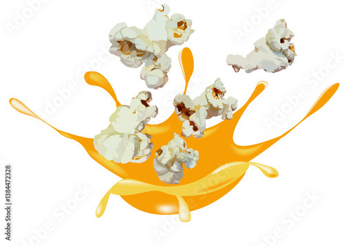 Popcorn popping up from hot yellow cheese or butter isolated on white background, Corn snack cooked and pop up from liquid droplet, Fast food story vector graphic illustration