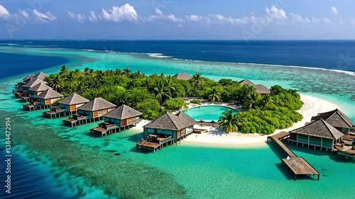 Aerial view showcasing a luxury resort on a pristine Maldives island, featuring overwater bungalows and turquoise waters