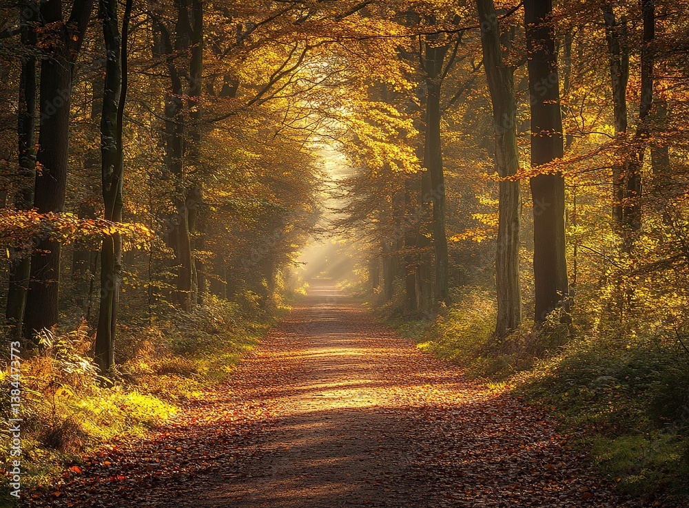 Obraz premium A beautiful forest path in the middle of the forest with autumn leaves, trees and morning sunlight in the Netherlands. Forest landscape with nature background. Autumn. Landscape photography.