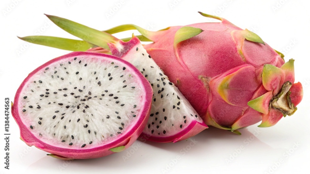 A whole dragon fruit with a cut-open half displaying white flesh with black seeds and vibrant pink A whole dragon fruit with a cut-open half displaying white flesh with black seeds and vibrant pink
