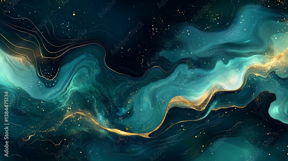 Elegant abstract deep blue and green marble background with golden accents