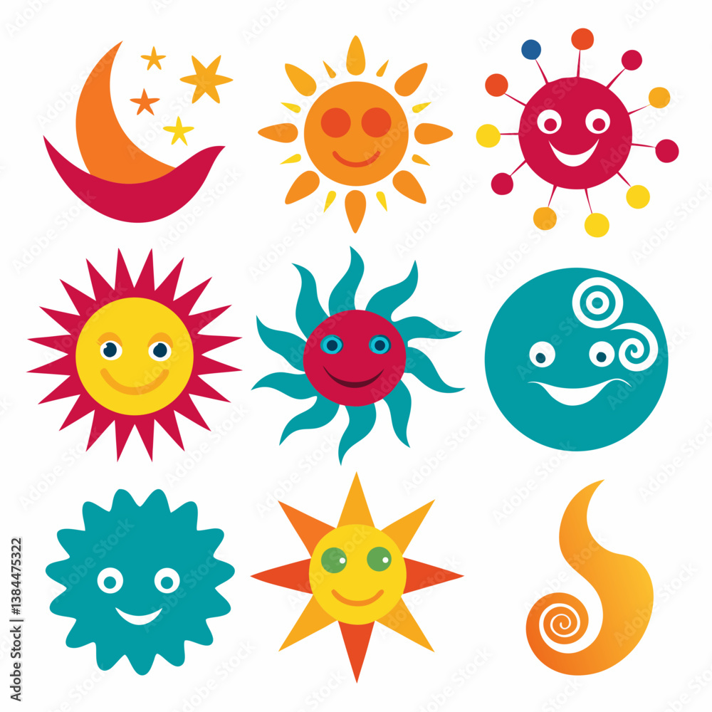 set of cartoon sun set of cartoon sun