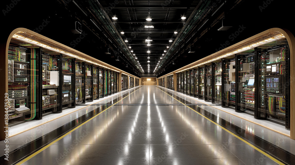 Fototapeta premium Data center showcasing modern server technology in a sleek, organized environment during nighttime operations