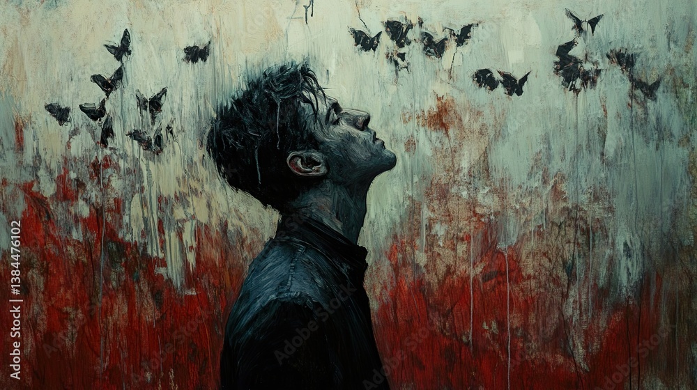 Obraz premium The weight of dreams: A man contemplates amidst a flurry of butterflies