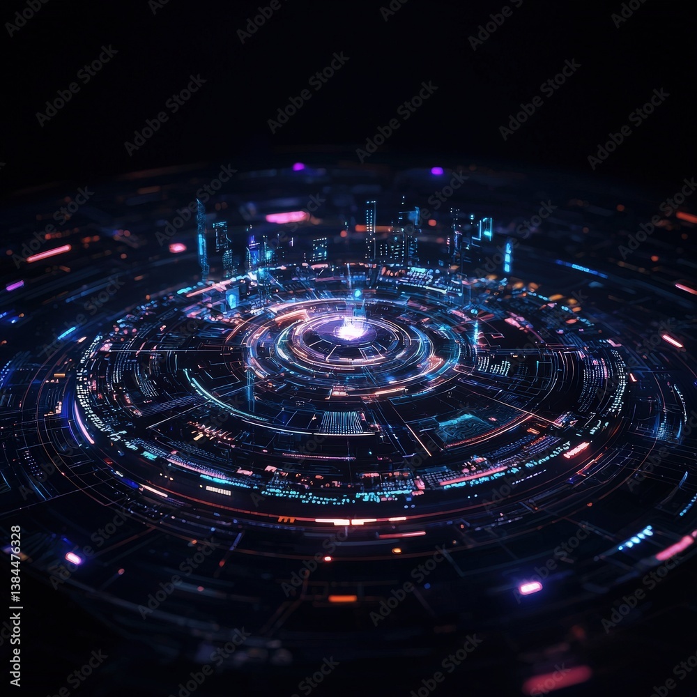 A futuristic visualization of a global communication hub using advanced graphical interfaces