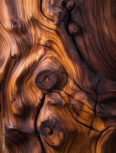 Close-up of detailed wooden texture with natural grain, knots, and cracks, ideal for rustic design, backgrounds, carpentry projects, or organic art compositions
 photo