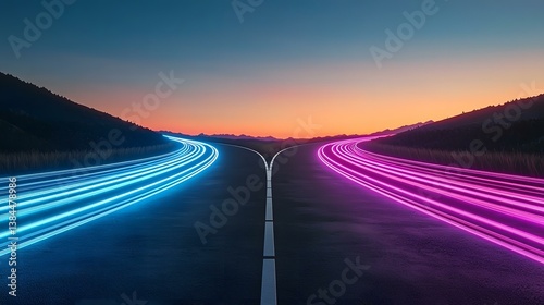 A digital image depicting a road splitting into two directions at sunset, with vibrant blue and pink light trails simulating fast-moving vehicles on each path, creating a striking visual metaphor for