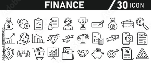 Finance icon set. Containing loan, cash, saving, financial goal, profit, budget, mutual fund, earning money and revenue icons for web