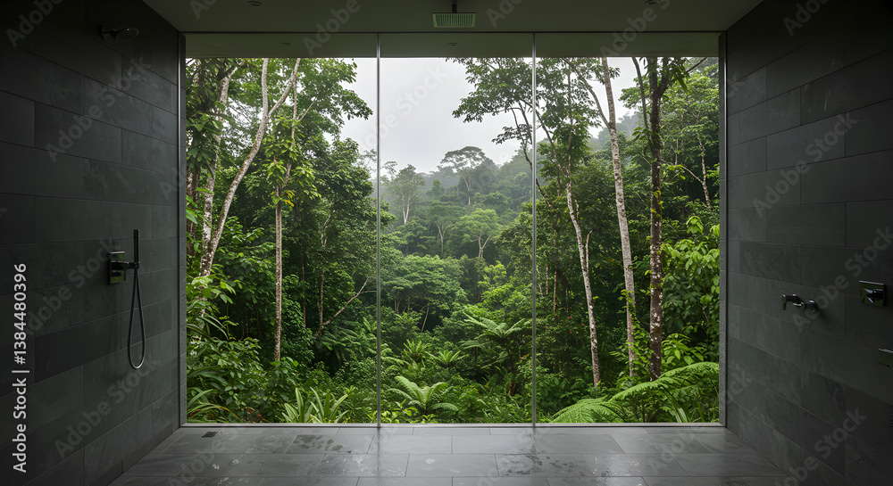 Fototapeta premium Luxurious Shower With Rainforest View, Modern Interior With Greenery Panorama