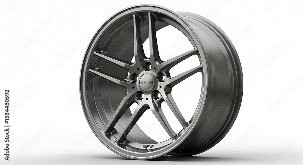 Obraz premium Sleek automotive alloy wheel with a modern design, featuring angular spokes and a polished silver finish against a clean white backdrop.