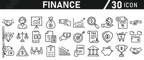 Finance icon set. Containing loan, cash, saving, financial goal, profit, budget, mutual fund, earning money and revenue icons for web