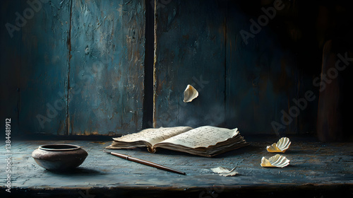 Open Antique Book with Quill and Inkpot on Dark Wooden Table