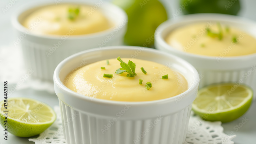 Creamy Lime Mousse with Fresh Herbs and Lime Slices in Elegant White Bowls on Light Background Creamy Lime Mousse with Fresh Herbs and Lime Slices in Elegant White Bowls on Light Background