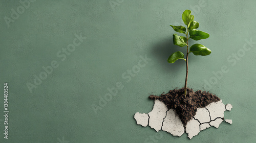 small green plant emerges from cracked soil against textured green background, symbolizing resilience and growth in challenging environments