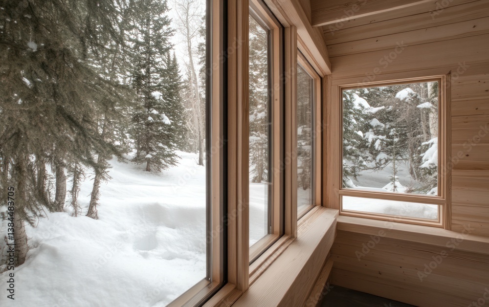 Fototapeta premium Bright Modern Wooden Cabin Winter Landscape