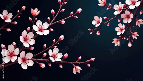 Intricate sakura branch pattern, white & pink blossoms on dark background , pattern, branch