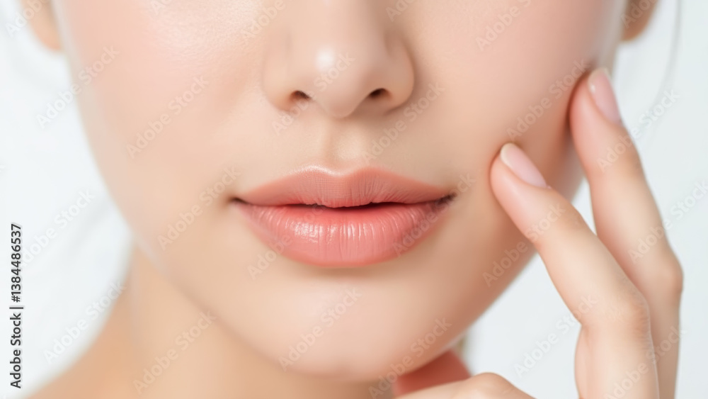 Obraz premium Close-Up of a Female Model's Face with Soft Skin and Natural Makeup Enhancing Lips and Cheeks