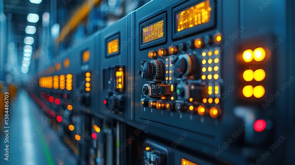 Complex Industrial Control Panels with Illuminated Indicators and Analog Controls Complex Industrial Control Panels with Illuminated Indicators and Analog Controls