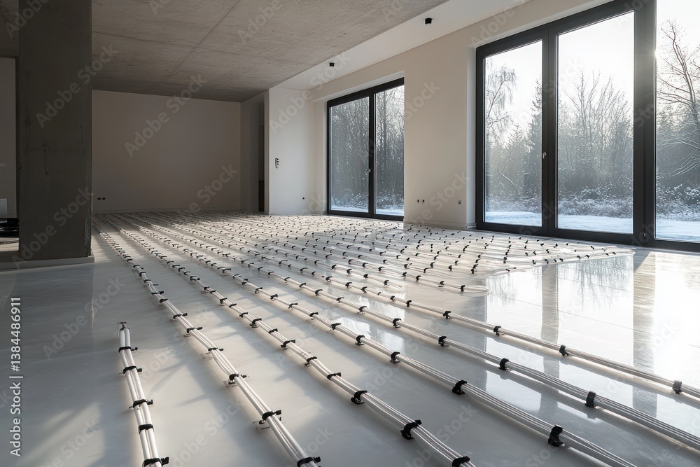 Fototapeta premium Water Underfloor Heating System Installation in Modern Building with Radiant Heating and Tubing Patterns