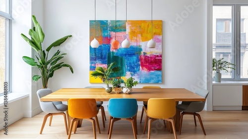 A colorful painting hangs on the wall above a wooden dining table