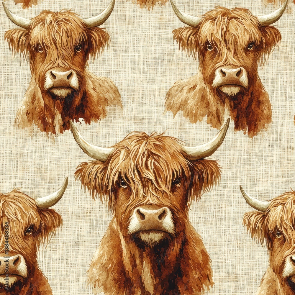 Watercolor Highland Cattle Pattern on Linen Texture, Pastoral Charm