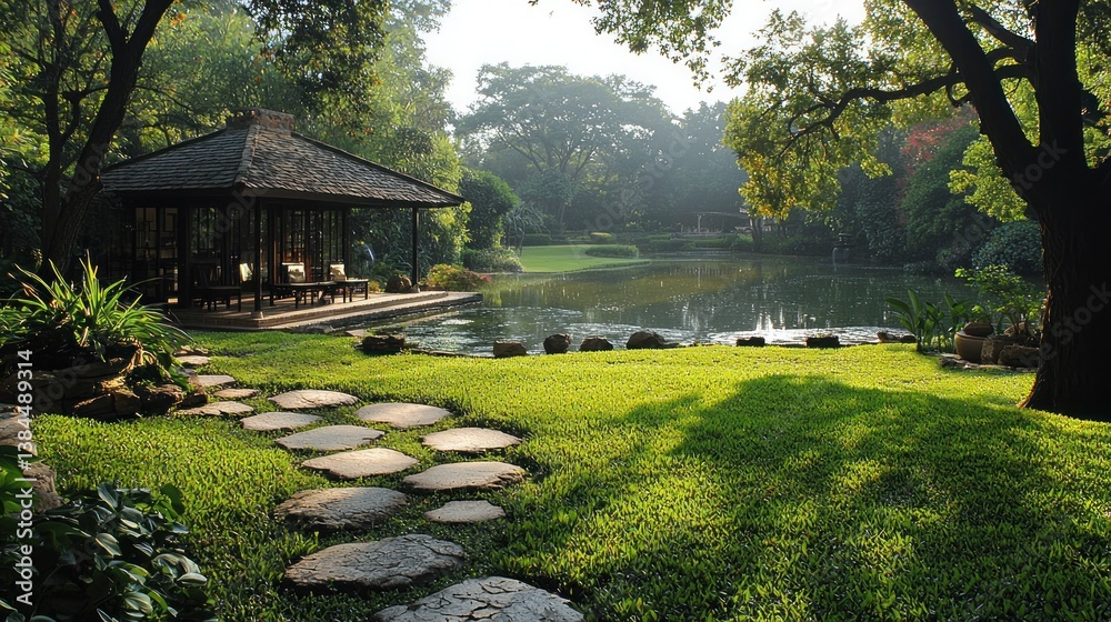 Fototapeta premium Tranquil japanese garden with traditional pavilion by a serene pond