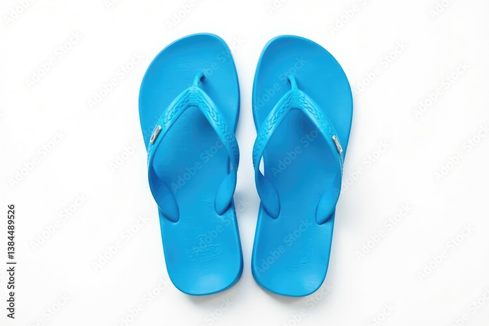 Pair of blue flip-flops, isolated on pure white backdrop , beach, footwear, objects Pair of blue flip-flops, isolated on pure white backdrop , beach, footwear, objects